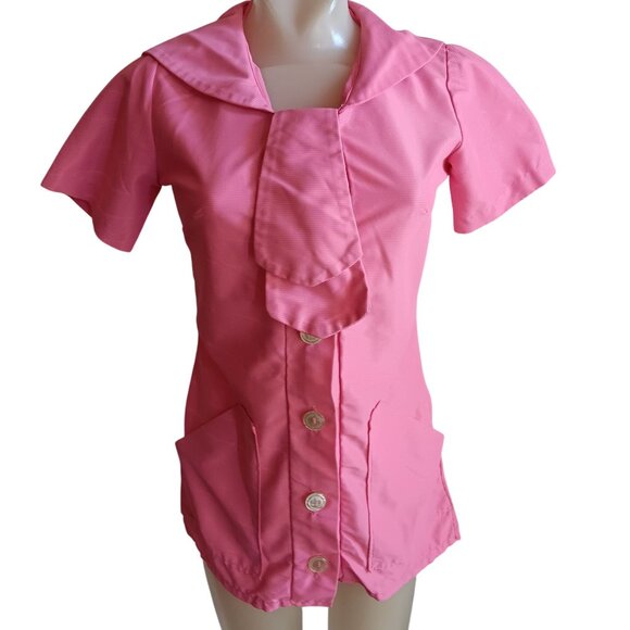 Women's Small Vintage Beautician Blouse Pink 1960's Acetate Mod Stewardess Tunic - Picture 1 of 8